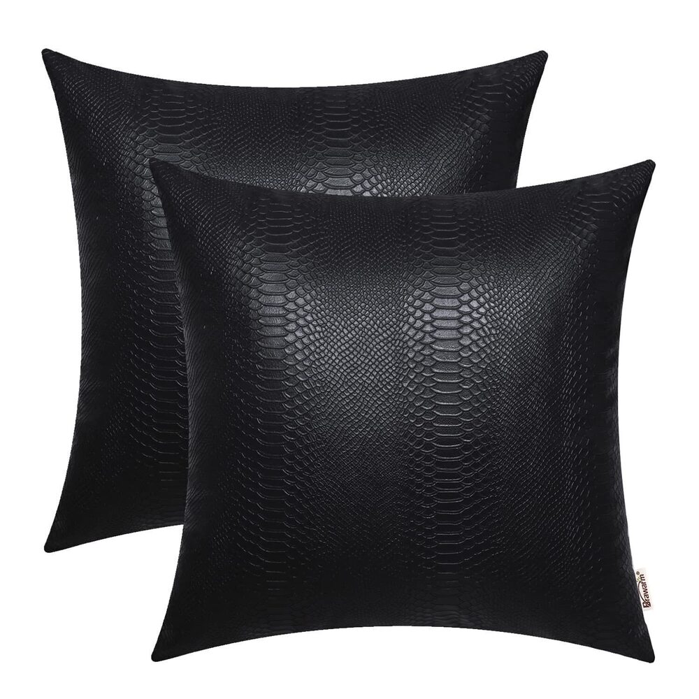 4135 Black Leather Throw Pillows 16 X 16 Inches, Snake Leather Pillow
